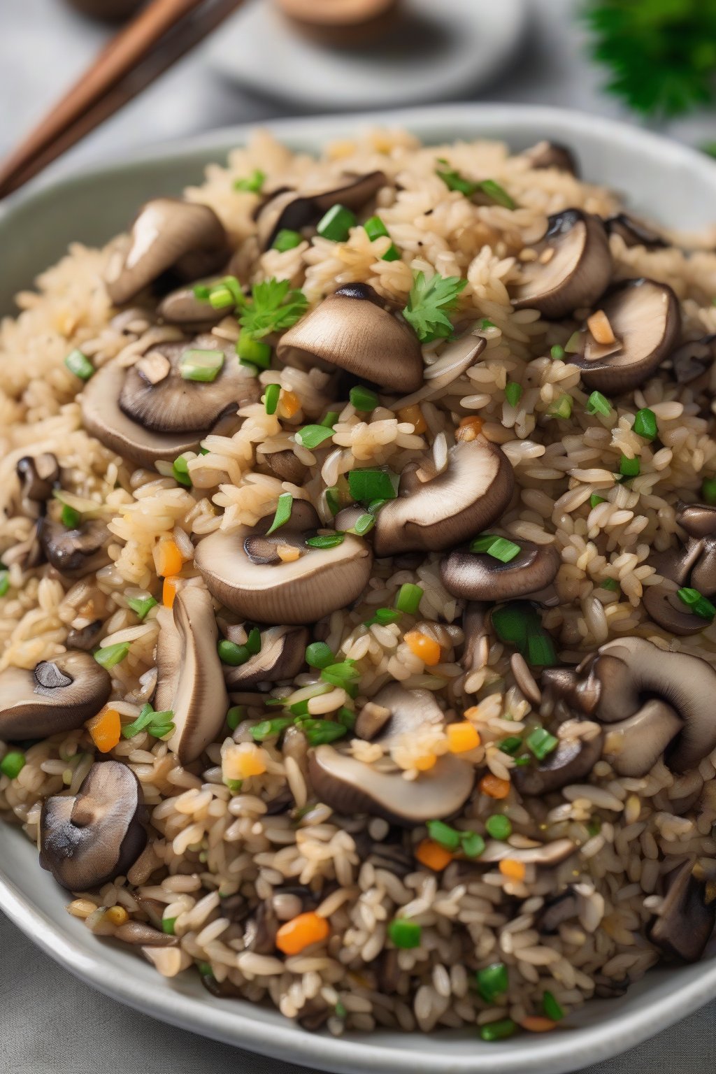 A high-resolution photo of mushroom fried rice with browned caps and herbs under soft lighting.