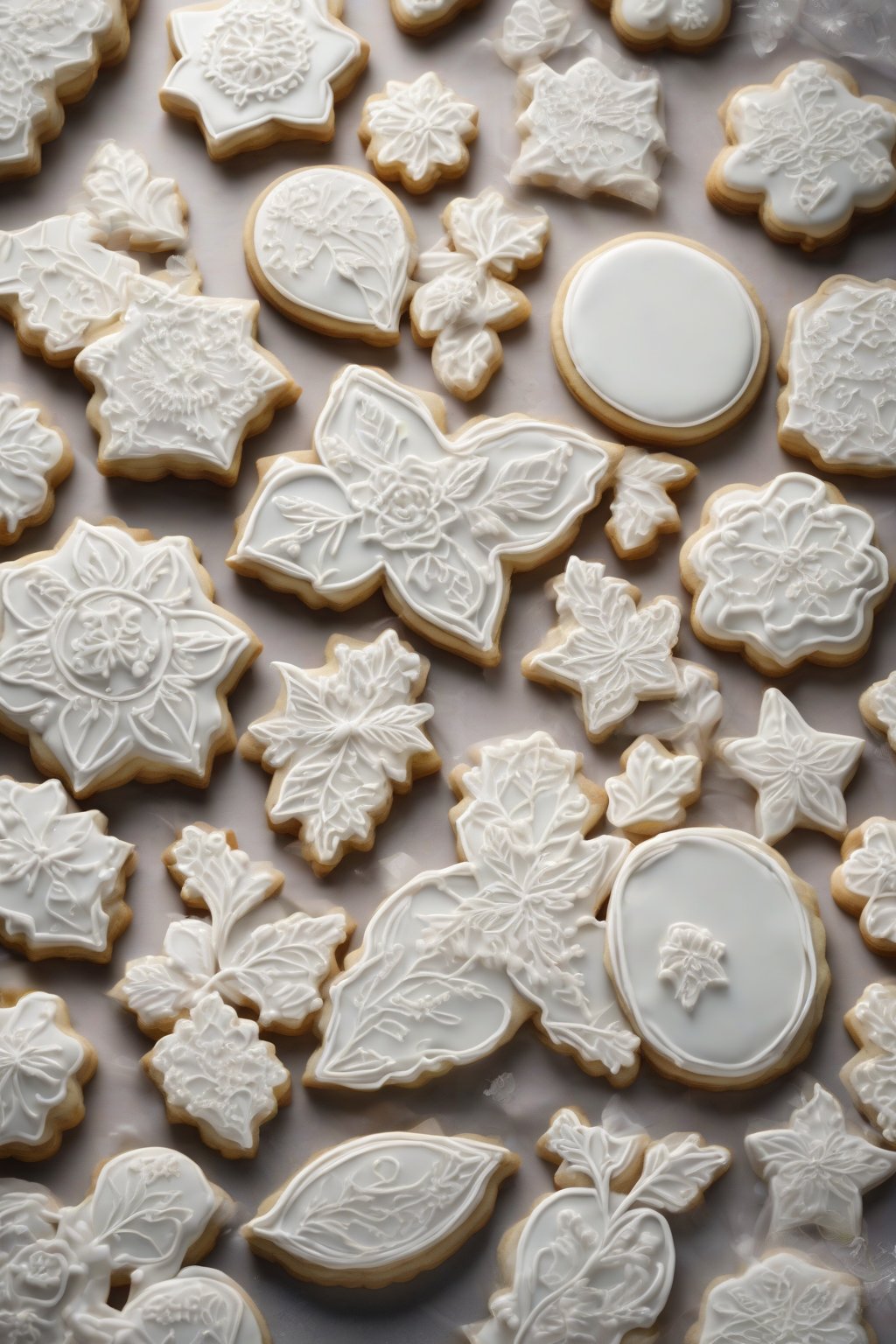 A high-resolution photo of shiny white royal iced cookies piped with delicate floral designs under soft lighting.