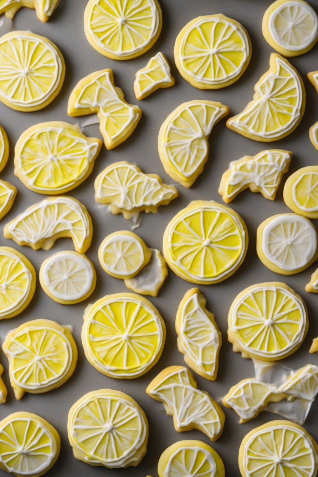 A high-resolution photo of lemon yellow royal iced cookies shaped like citrus slices under soft lighting.