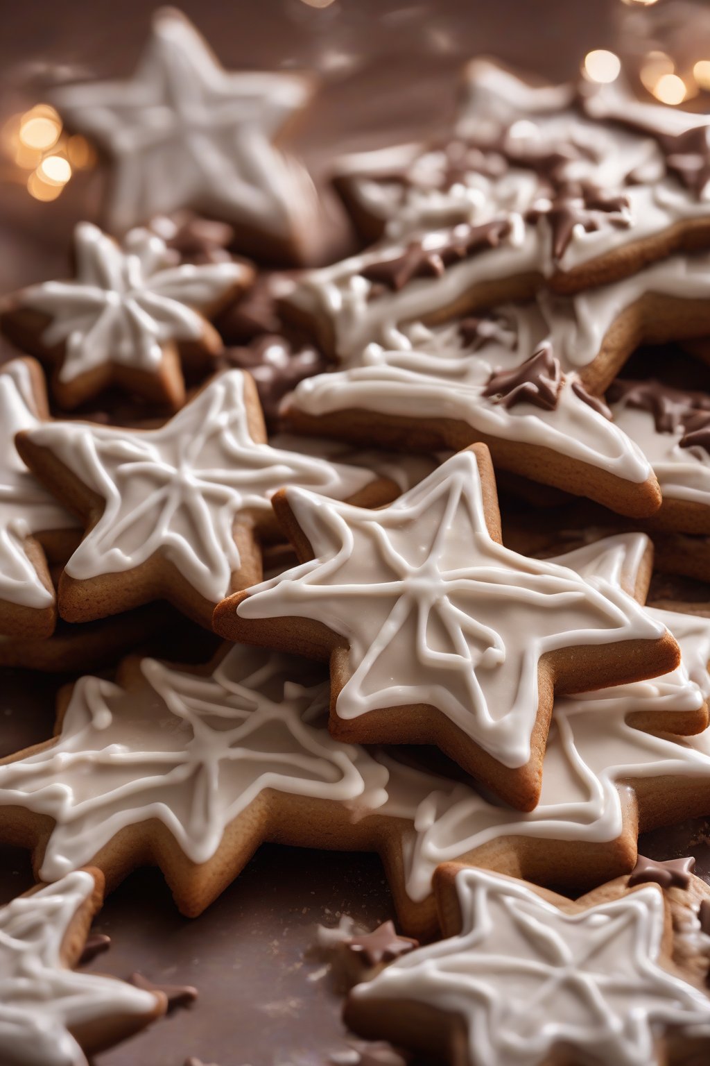 A high-resolution photo of glossy chocolate royal iced star-shaped cookies under soft lighting.