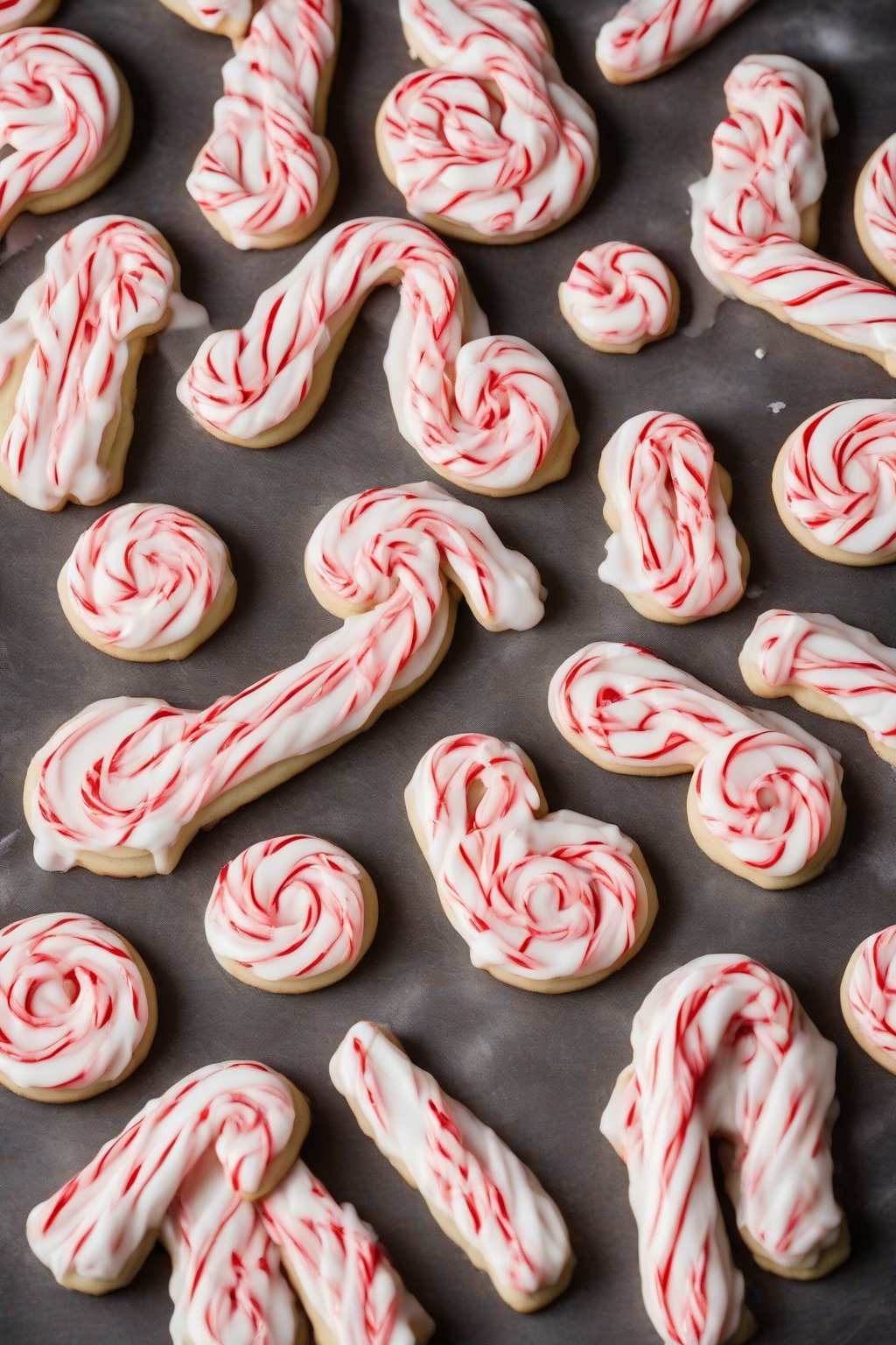 A high-resolution photo of peppermint-striped royal iced candy cane cookies under soft lighting.