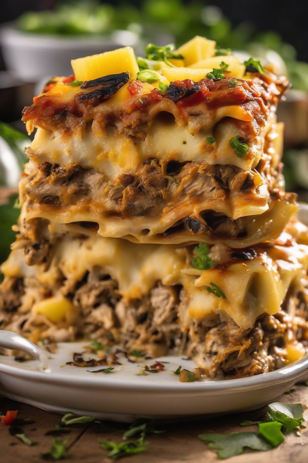 A high-resolution photo of Jamaican Jerk Chicken Lasagna sliced to show pineapple bits and spicy layers under soft lighting.