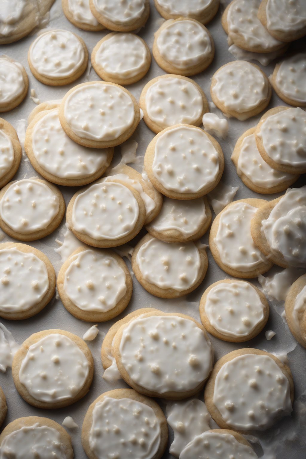A high-resolution photo of vanilla-flecked shiny royal iced round cookies under soft lighting.