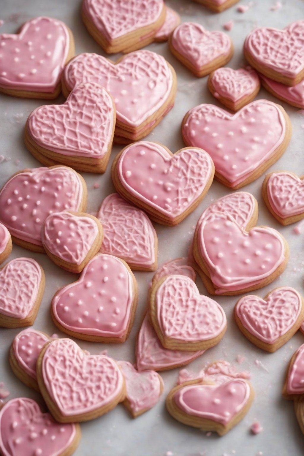 A high-resolution photo of glossy pink strawberry royal iced heart cookies under soft lighting.