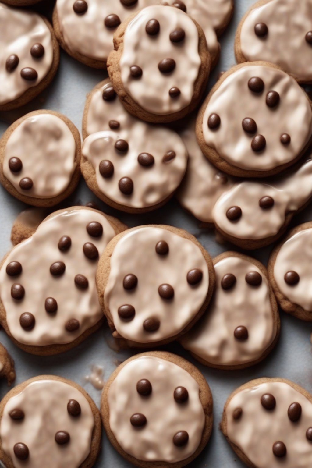 A high-resolution photo of mocha-colored shiny royal iced coffee bean cookies under soft lighting.