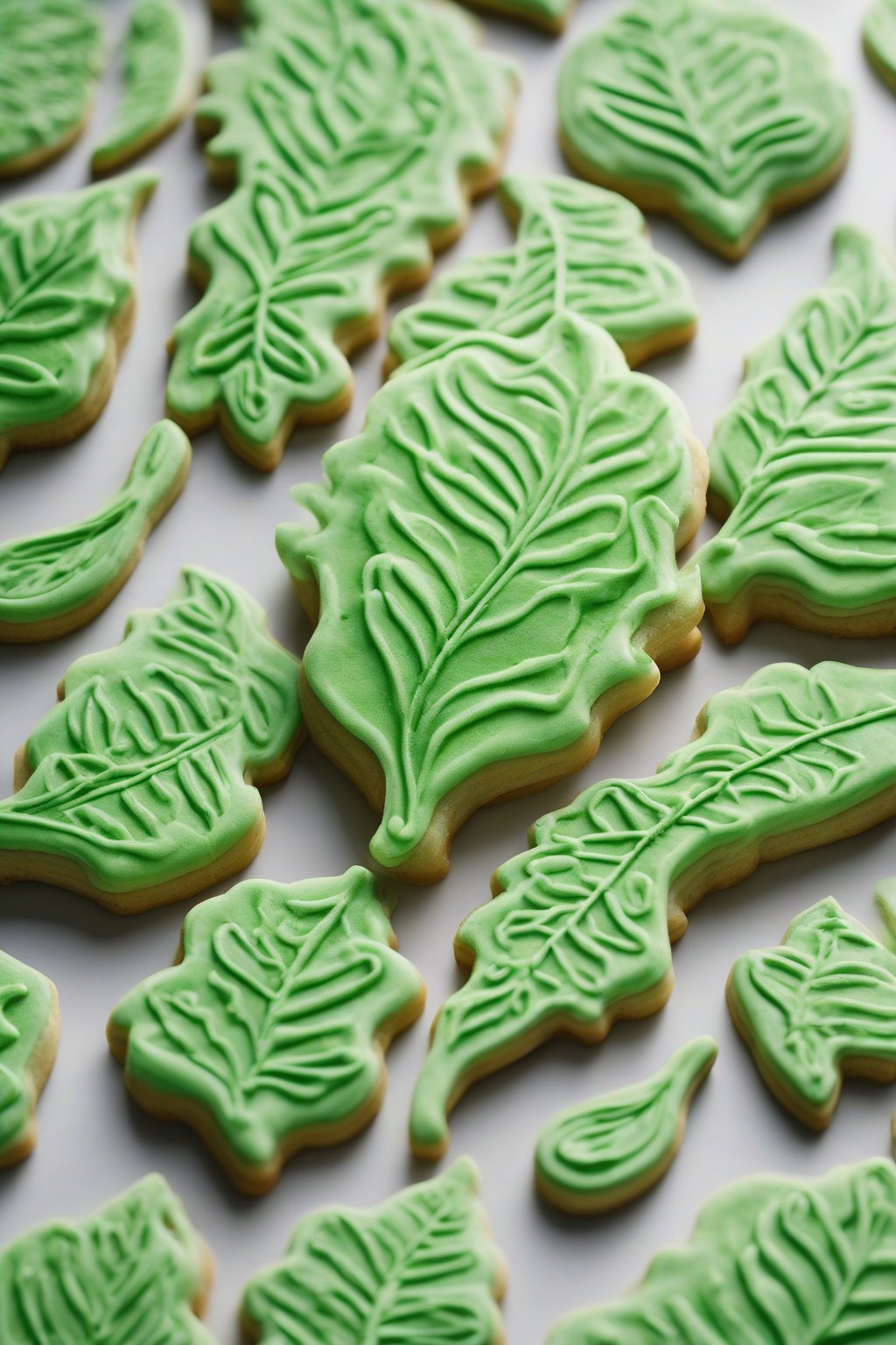 A high-resolution photo of vibrant green matcha royal iced leaf-patterned cookies under soft lighting.