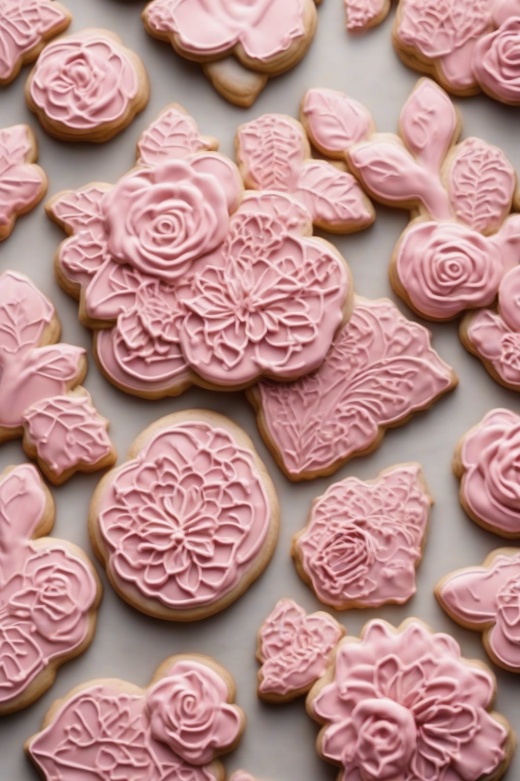 A high-resolution photo of rosy pink shiny royal iced floral cookies under soft lighting.