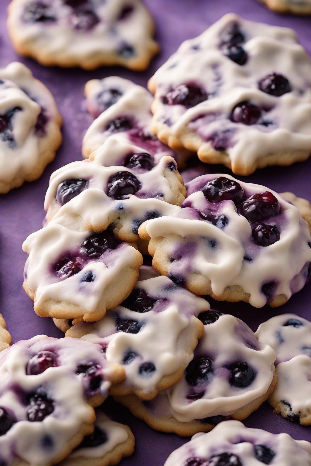 A high-resolution photo of glossy purple blueberry royal iced berry cluster cookies under soft lighting.