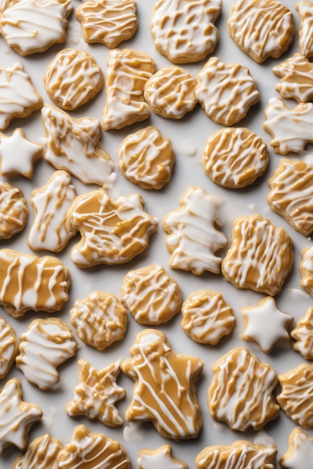 A high-resolution photo of golden caramel-drizzled shiny royal iced cookies under soft lighting.