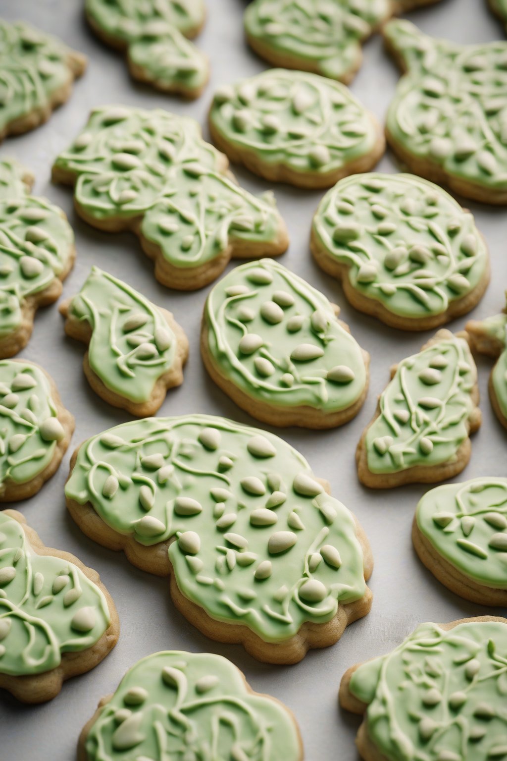 A high-resolution photo of pistachio green royal iced nut-shaped cookies under soft lighting.
