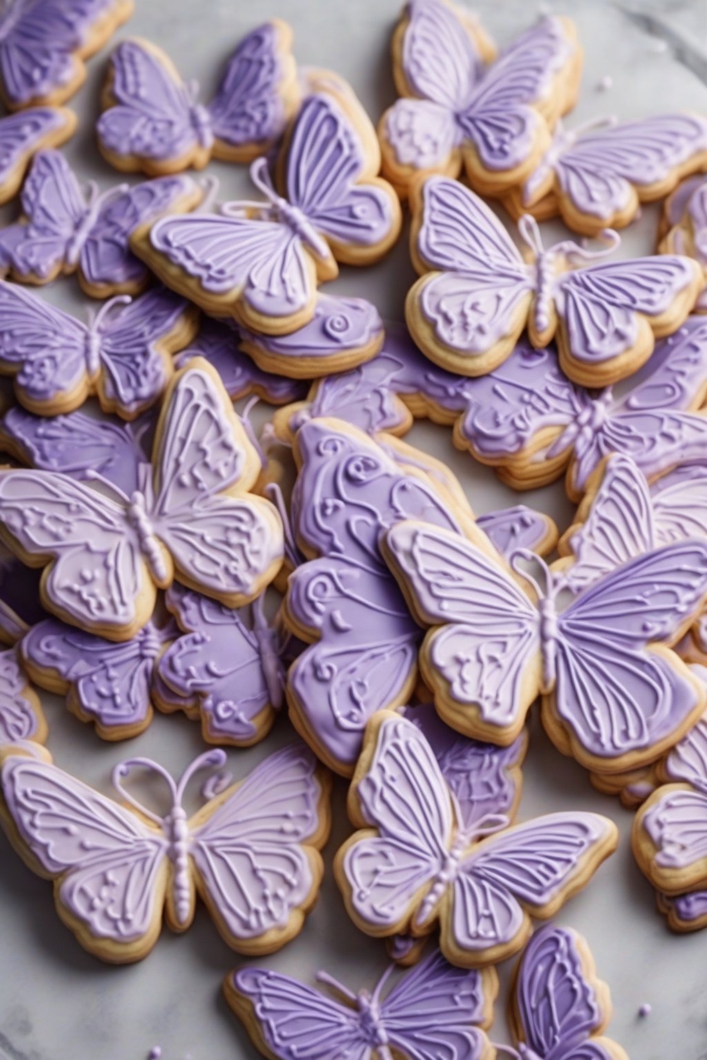 A high-resolution photo of lavender purple shiny royal iced butterfly cookies under soft lighting.