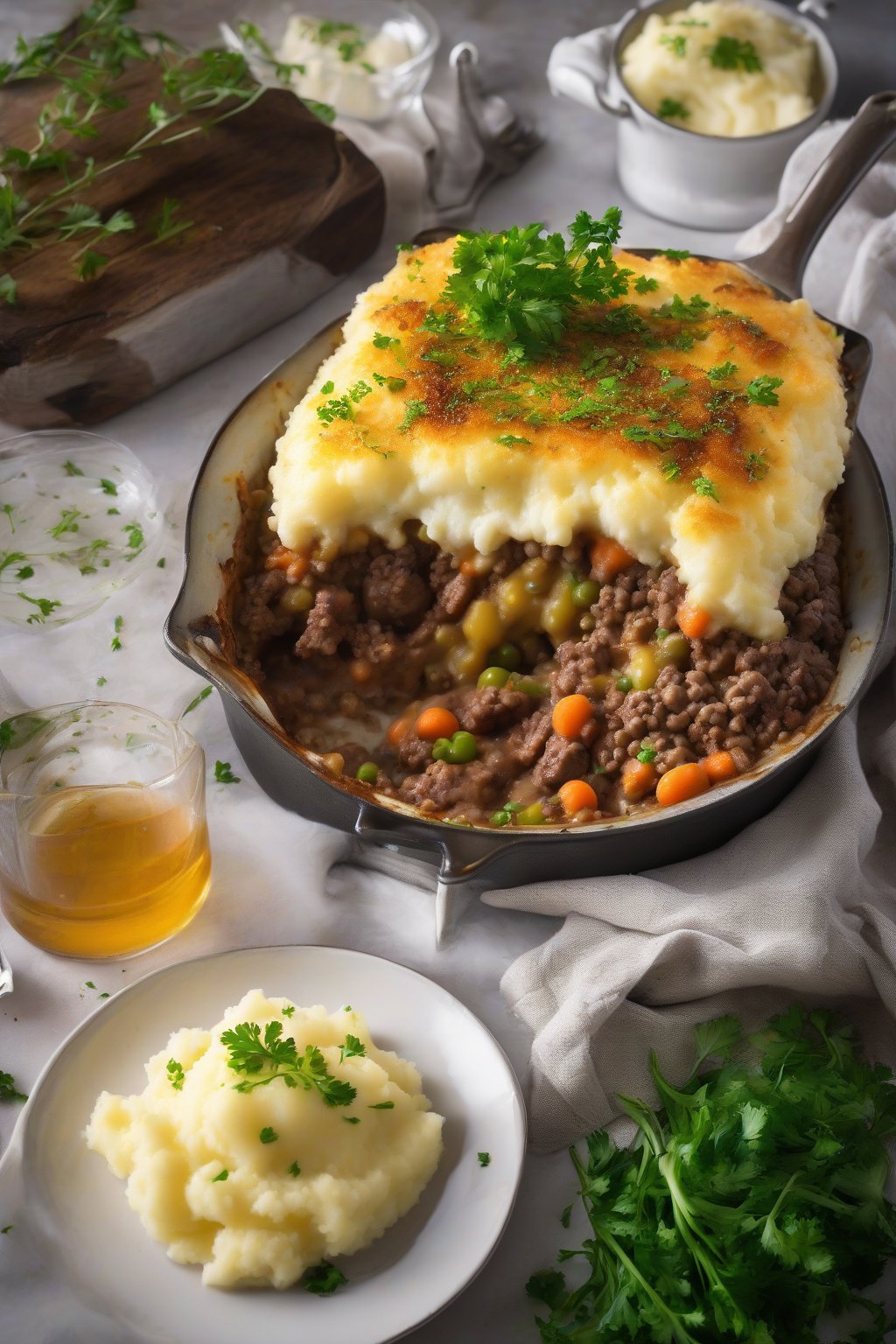 A high-resolution photo of a bubbling classic beef Shepherd's Pie with golden mashed potato topping, garnished with fresh parsley, under soft lighting.