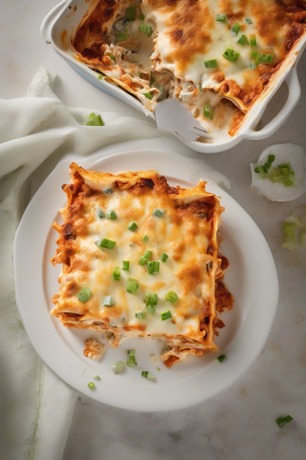 A high-resolution photo of Buffalo Ranch Chicken Lasagna with blue cheese veins and celery specks under soft lighting.