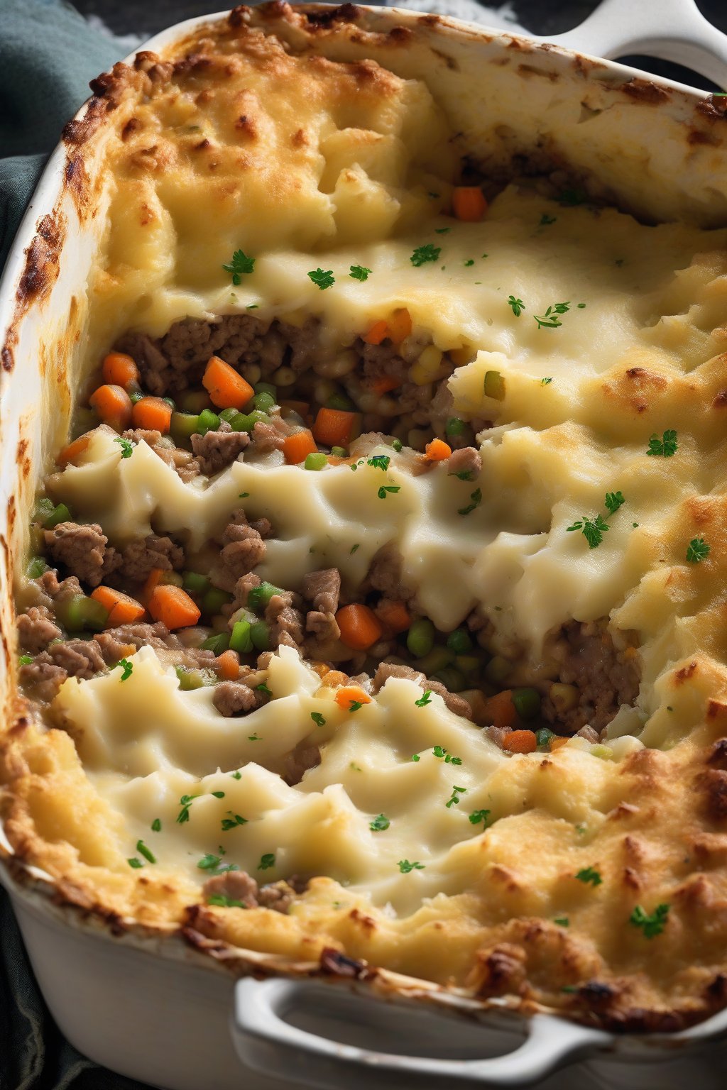A high-resolution photo of traditional lamb Shepherd's Pie sliced open to reveal juicy filling, steam rising, under soft lighting.