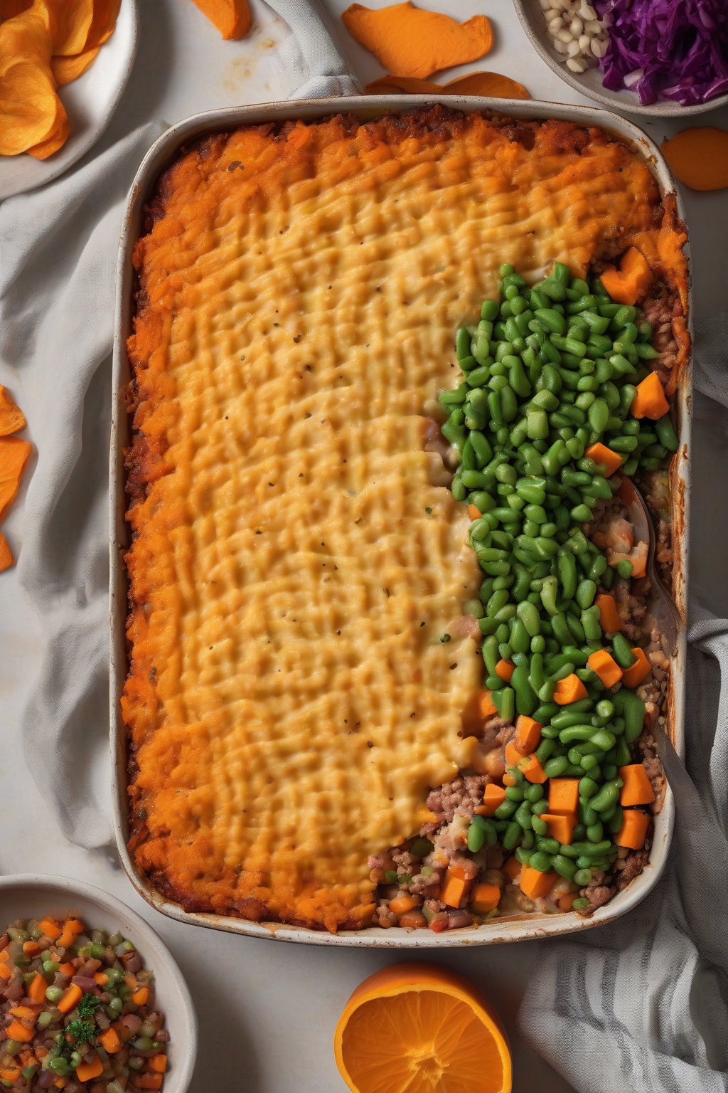A high-resolution photo of turkey Shepherd's Pie with vibrant orange sweet potato topping and colorful veggie layers, under soft lighting.