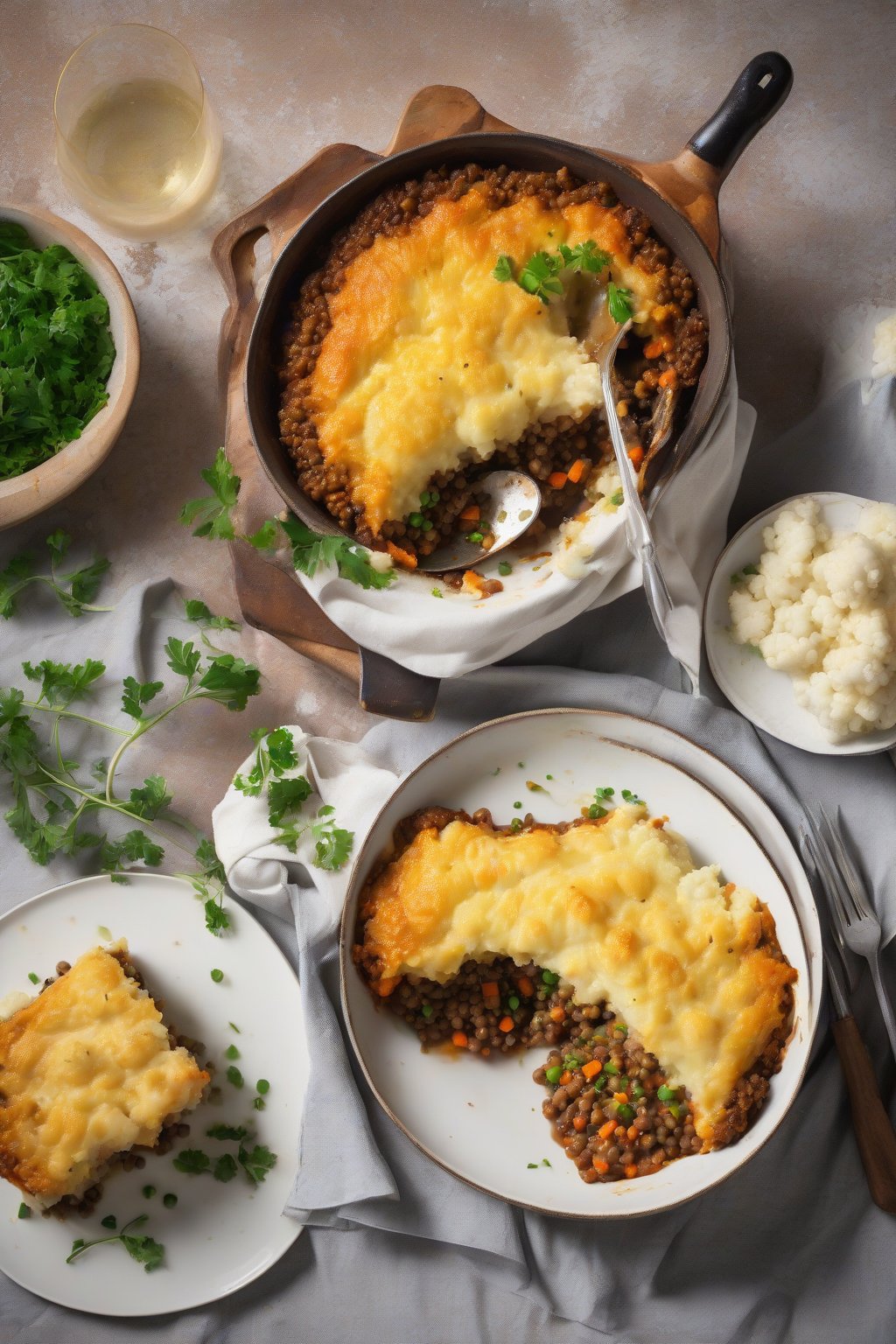 A high-resolution photo of vegetarian lentil Shepherd's Pie with cauliflower topping and hearty veggie filling, under soft lighting.