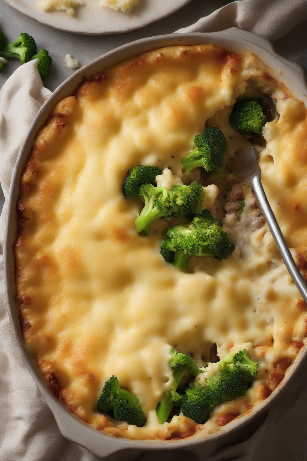 A high-resolution photo of cheesy chicken Shepherd's Pie oozing with melted cheese, broccoli flecks visible, under soft lighting.