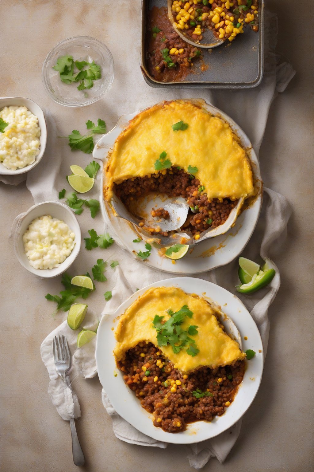 A high-resolution photo of spicy Mexican Shepherd's Pie with lime-green mash and vibrant corn-bean filling, under soft lighting.
