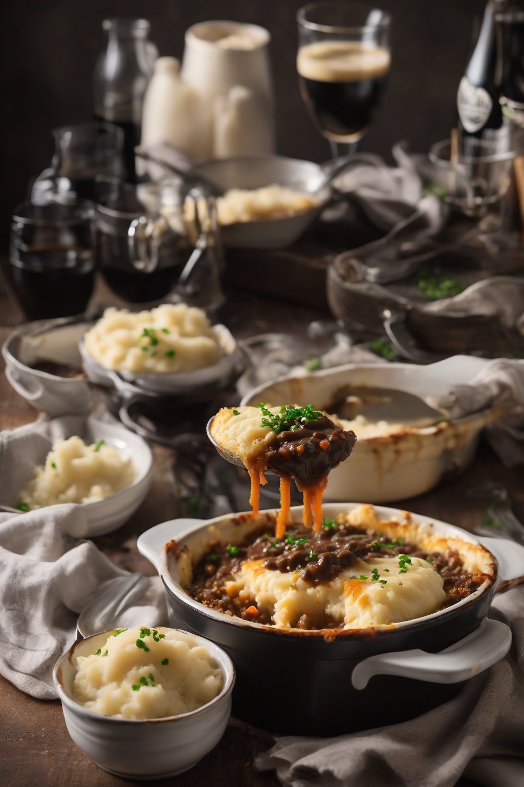 A high-resolution photo of Guinness Shepherd's Pie with dark gravy peeking through mash, under soft lighting.