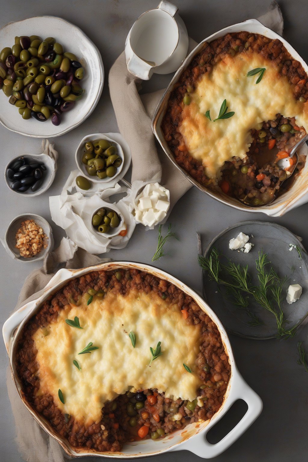 A high-resolution photo of Mediterranean Shepherd's Pie scattered with feta and olives, under soft lighting.