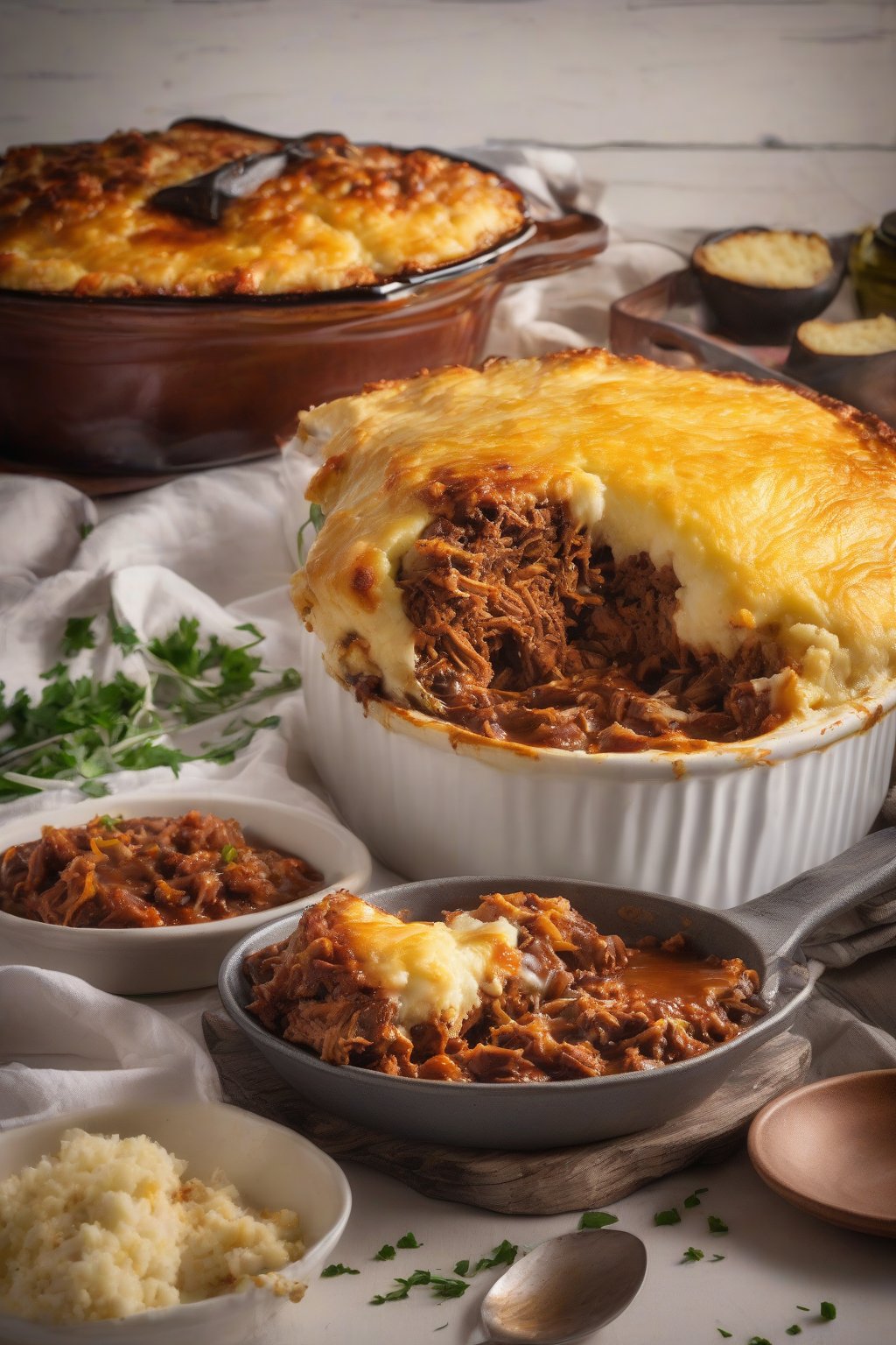 A high-resolution photo of BBQ pulled pork Shepherd's Pie with cornbread topping and saucy filling, under soft lighting.
