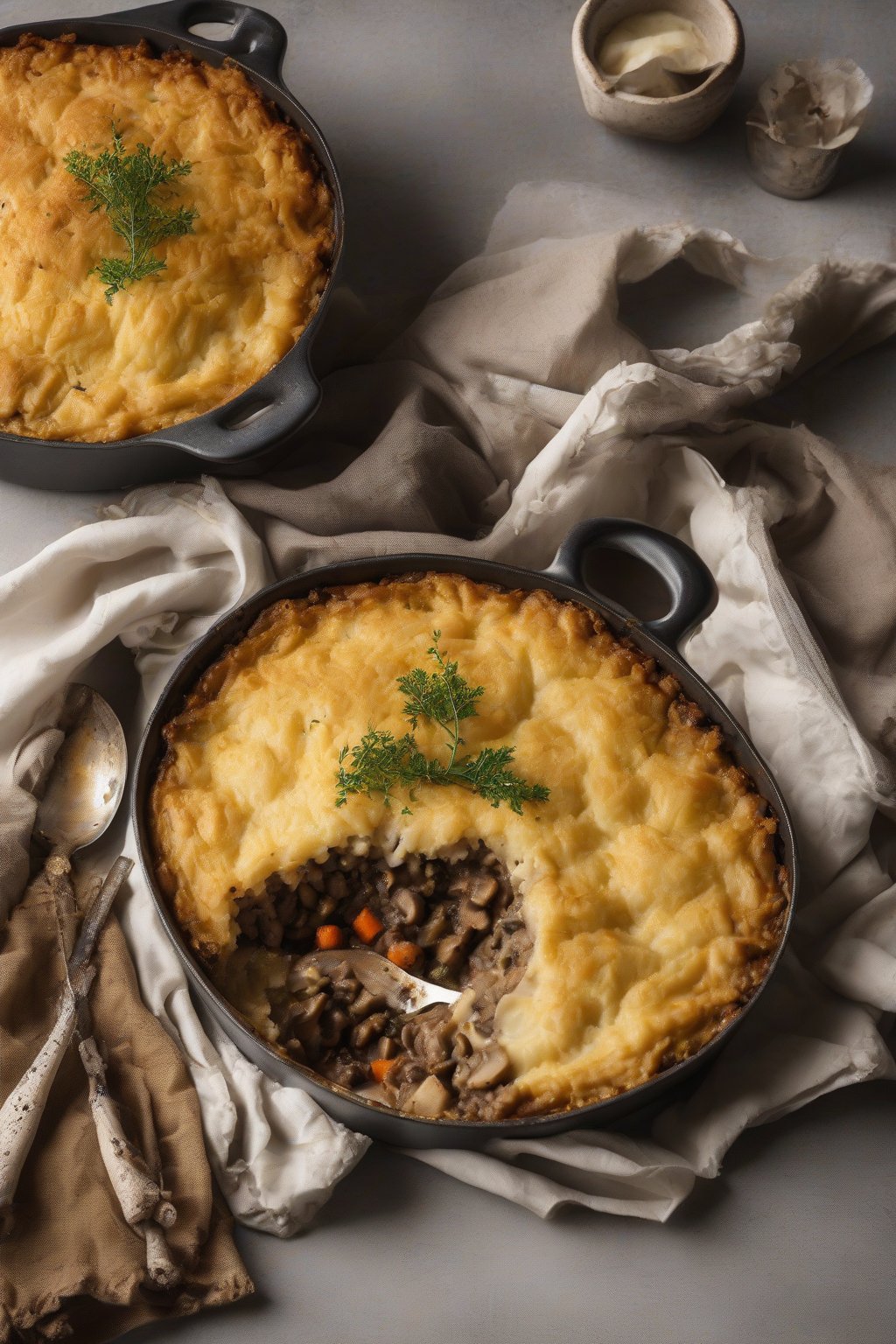 A high-resolution photo of vegan mushroom Shepherd's Pie with textured filling and creamy parsnip top, under soft lighting.