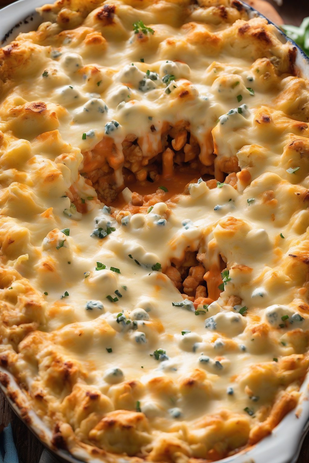 A high-resolution photo of buffalo chicken Shepherd's Pie with blue cheese streaks and spicy layers, under soft lighting.