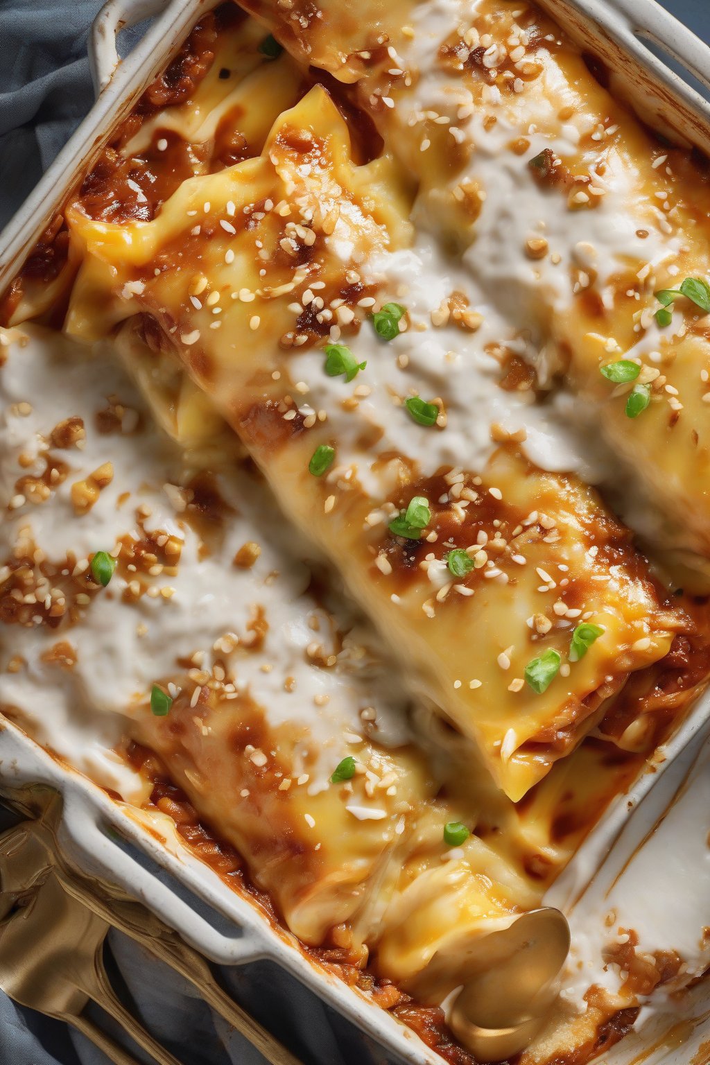 A high-resolution photo of Teriyaki Pineapple Chicken Lasagna glistening with sauce and sesame seeds under soft lighting.