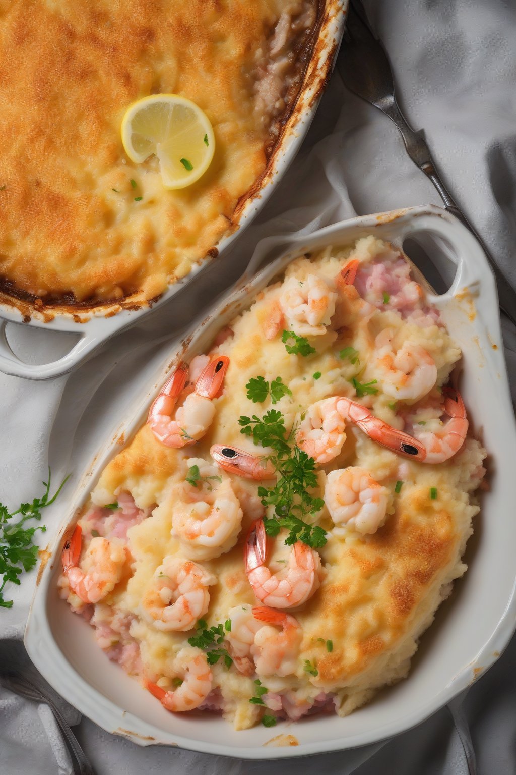 A high-resolution photo of seafood Cottage Pie with pink shrimp and flaky fish under mash, under soft lighting.