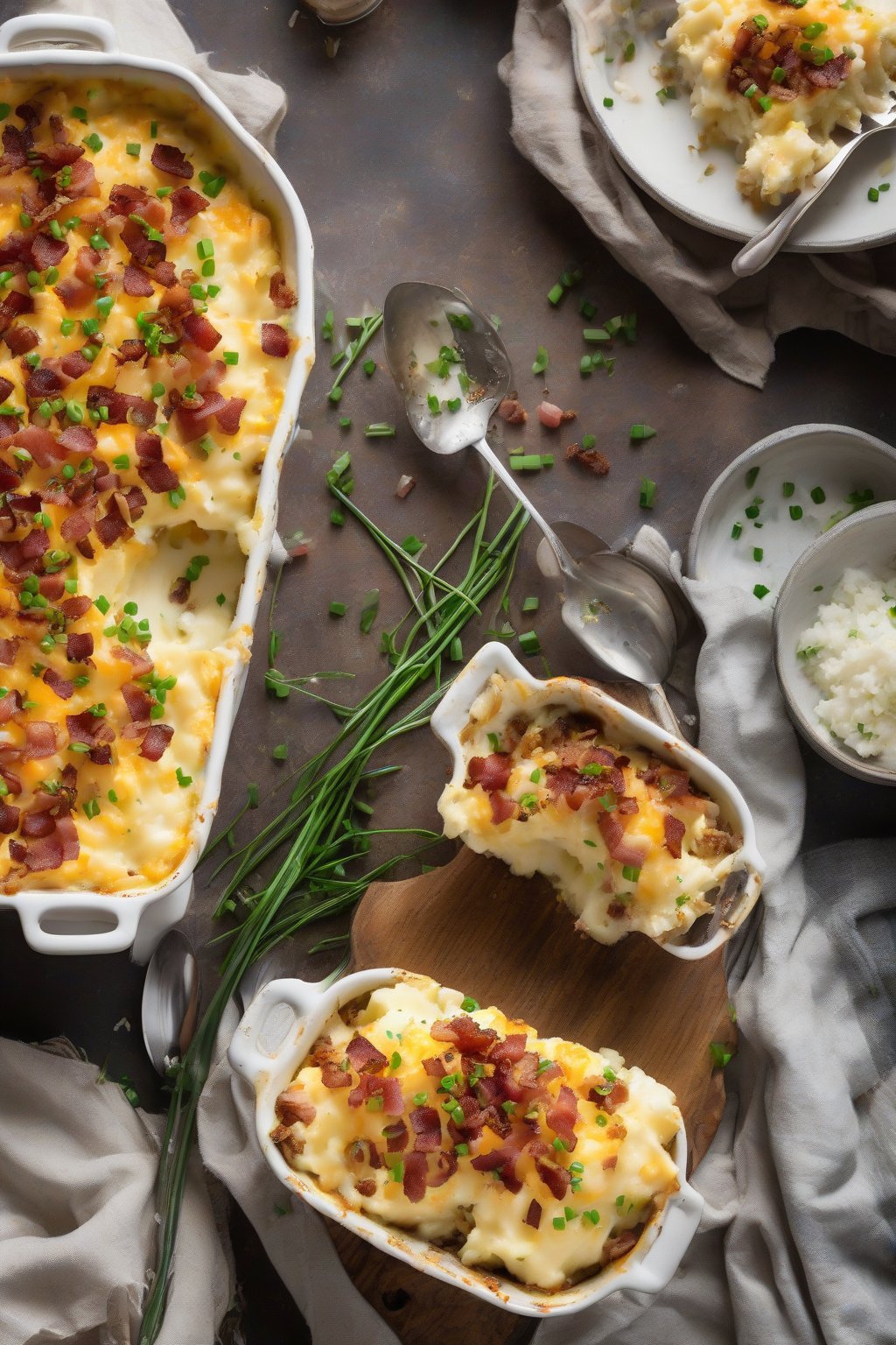 A high-resolution photo of loaded baked potato Shepherd's Pie topped with bacon bits and chives, under soft lighting.