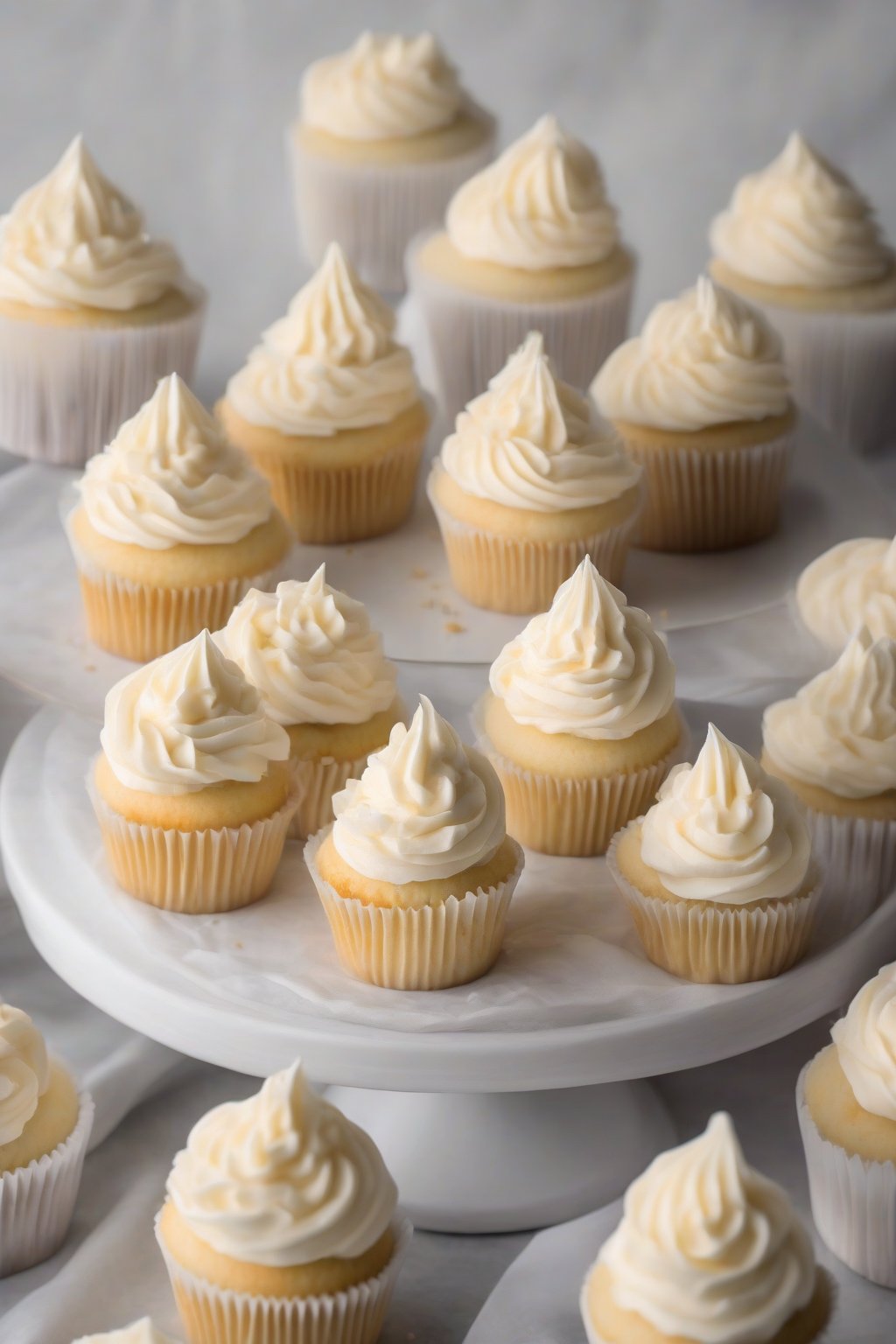 A high-resolution photo of a swirl of classic vanilla Swiss meringue buttercream piped on a cupcake under soft lighting.