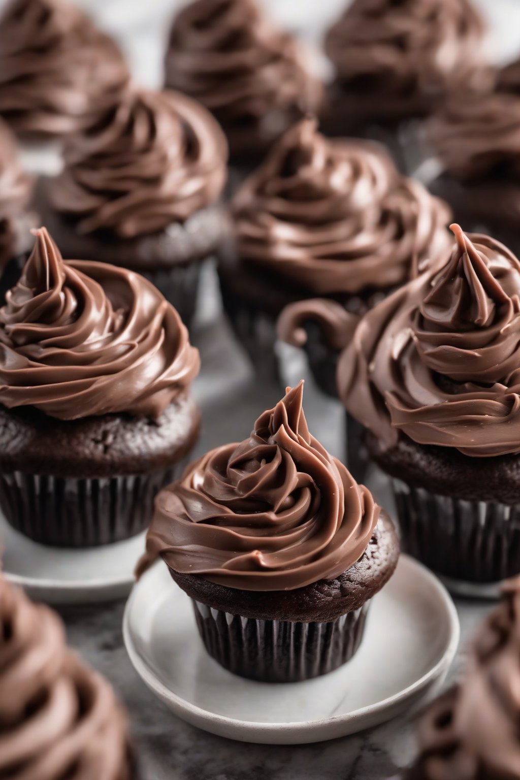 A high-resolution photo of glossy chocolate ganache buttercream piped into tall swirls on chocolate cupcakes under soft lighting.