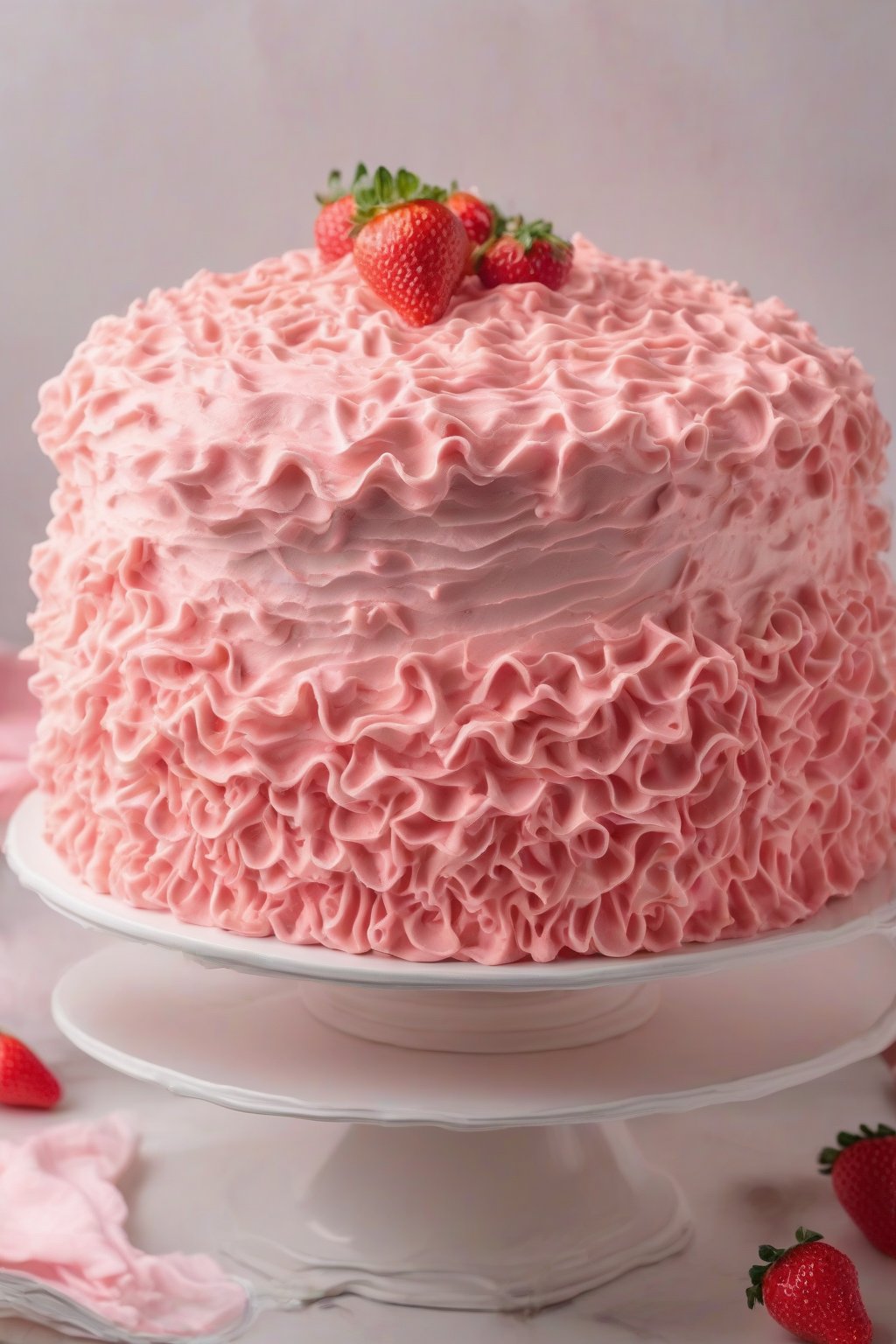 A high-resolution photo of vibrant pink strawberry buttercream frosting piped in ruffles on a white cake under soft lighting.