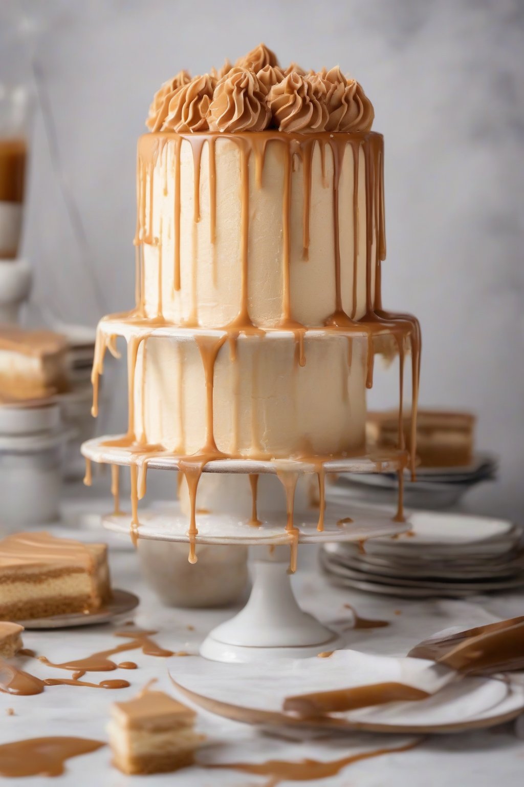 A high-resolution photo of salted caramel buttercream with drip edges on a layer cake under soft lighting.