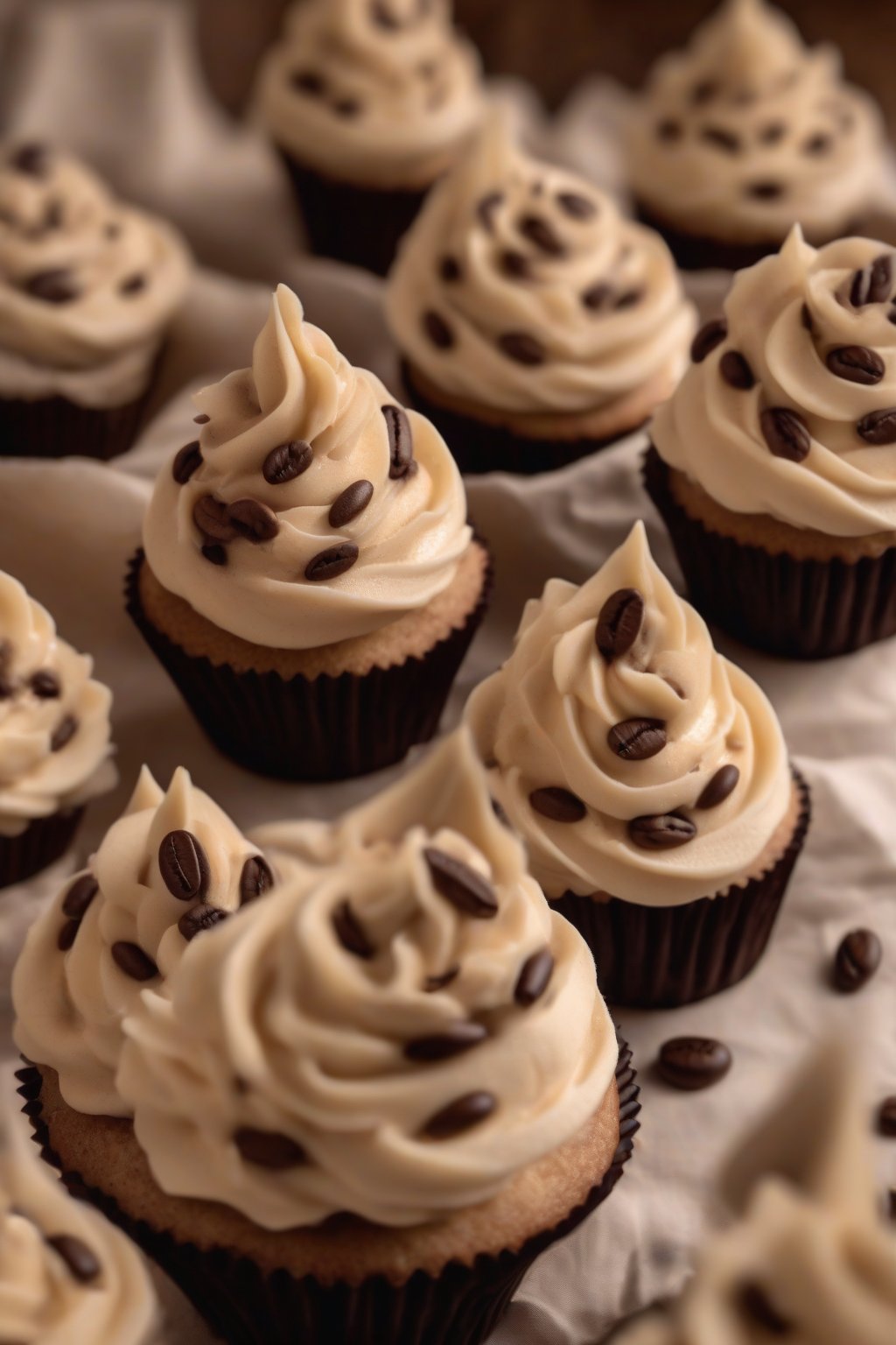 A high-resolution photo of mocha espresso buttercream piped in coffee bean shapes on vanilla cupcakes under soft lighting.