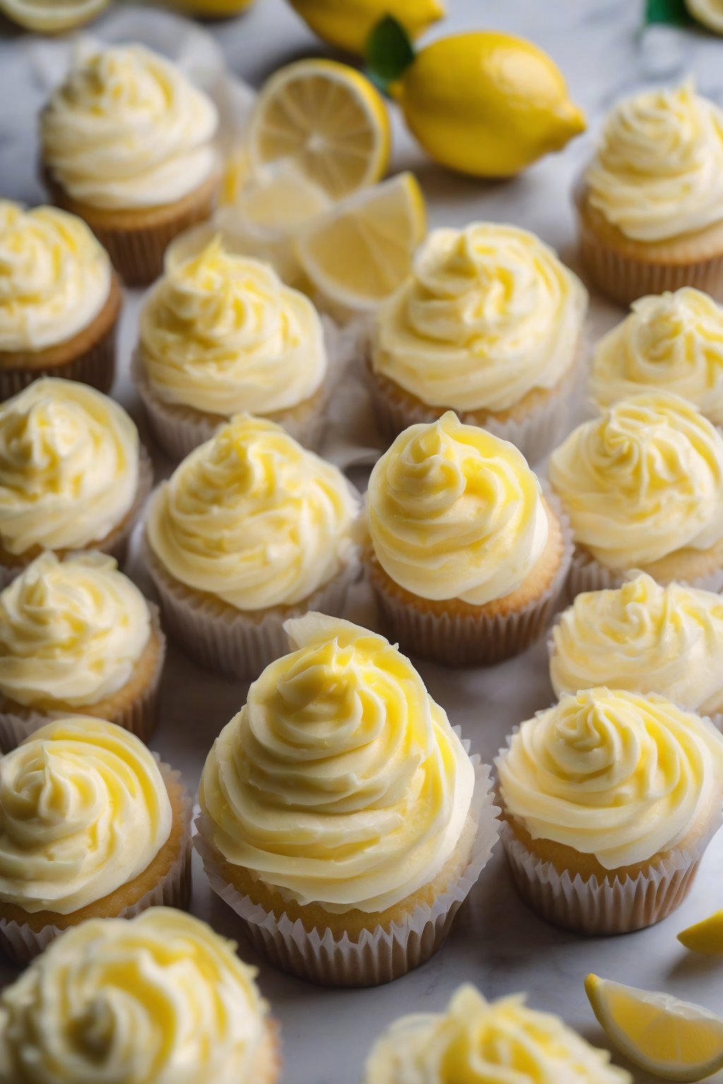 A high-resolution photo of zesty lemon buttercream swirled high on lemon cupcakes under soft lighting.