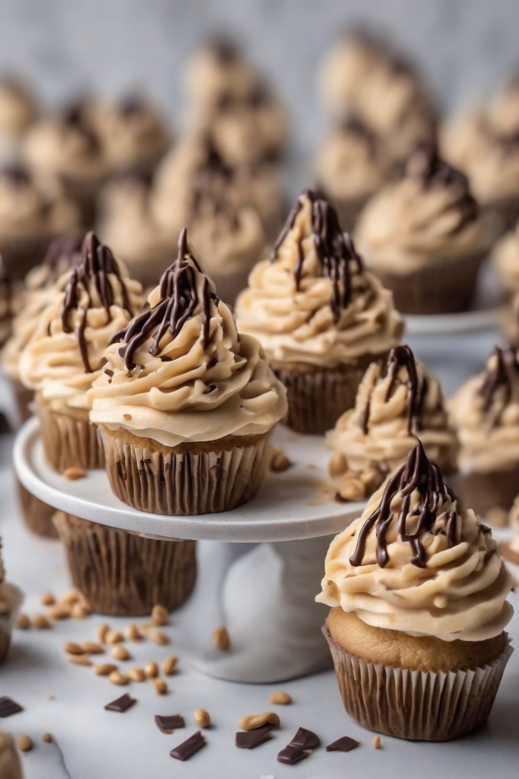 A high-resolution photo of peanut butter buttercream piped with chocolate drizzles on cupcakes under soft lighting.