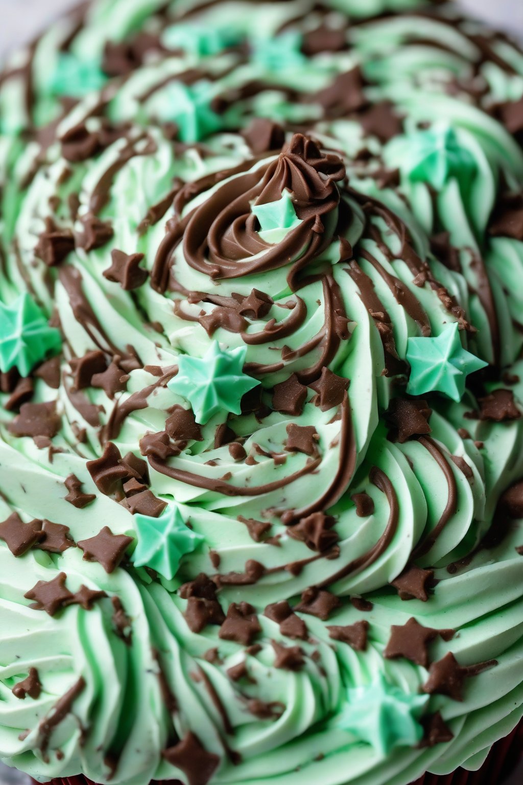 A high-resolution photo of mint chocolate buttercream with chip flecks piped in holiday swirls under soft lighting.