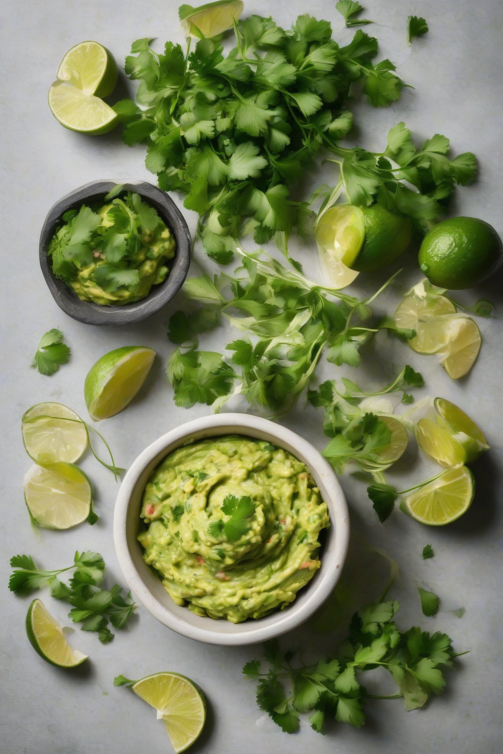 A high-resolution photo of zesty lime and cilantro guacamole overflowing with green herbs and lime slices, under soft lighting.