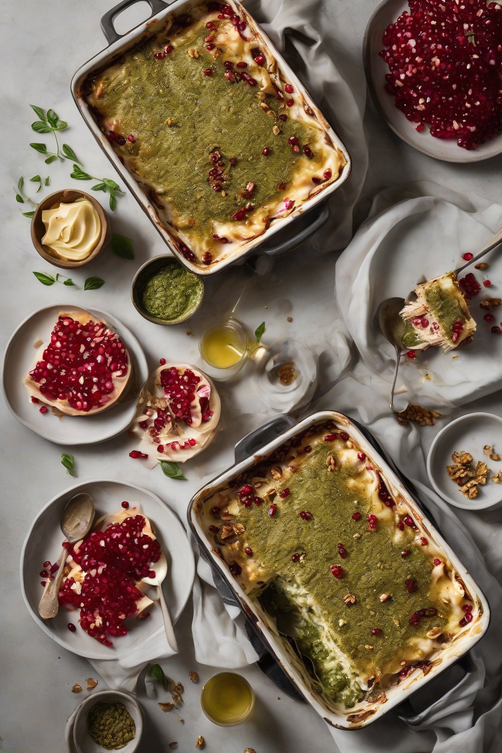 A high-resolution photo of Pesto Pomegranate Chicken Lasagna with walnut crunch and glossy glaze under soft lighting.