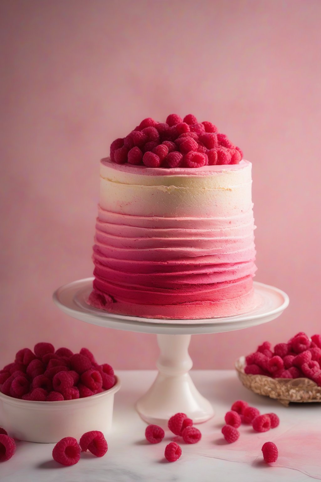 A high-resolution photo of raspberry ombre buttercream on a naked cake under soft lighting.