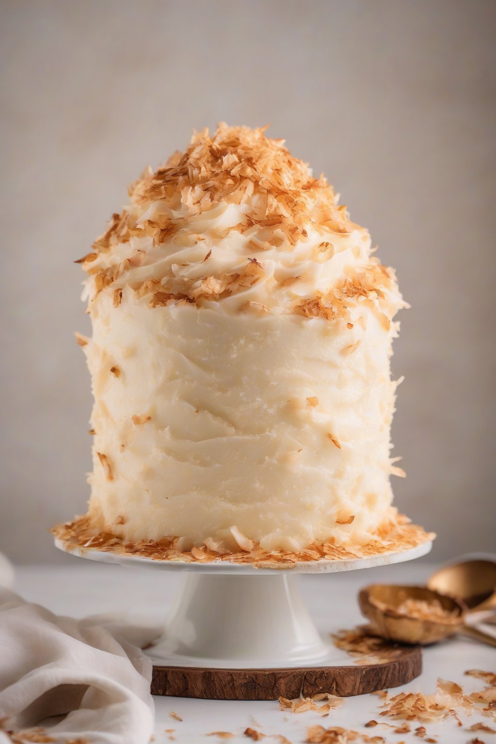 A high-resolution photo of coconut buttercream topped with toasted flakes on a tropical cake under soft lighting.
