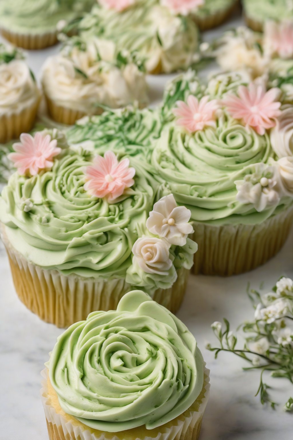 A high-resolution photo of matcha green tea buttercream piped in floral designs under soft lighting.