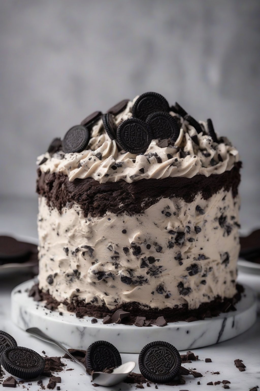 A high-resolution photo of cookies and cream buttercream with Oreo chunks on chocolate cake under soft lighting.