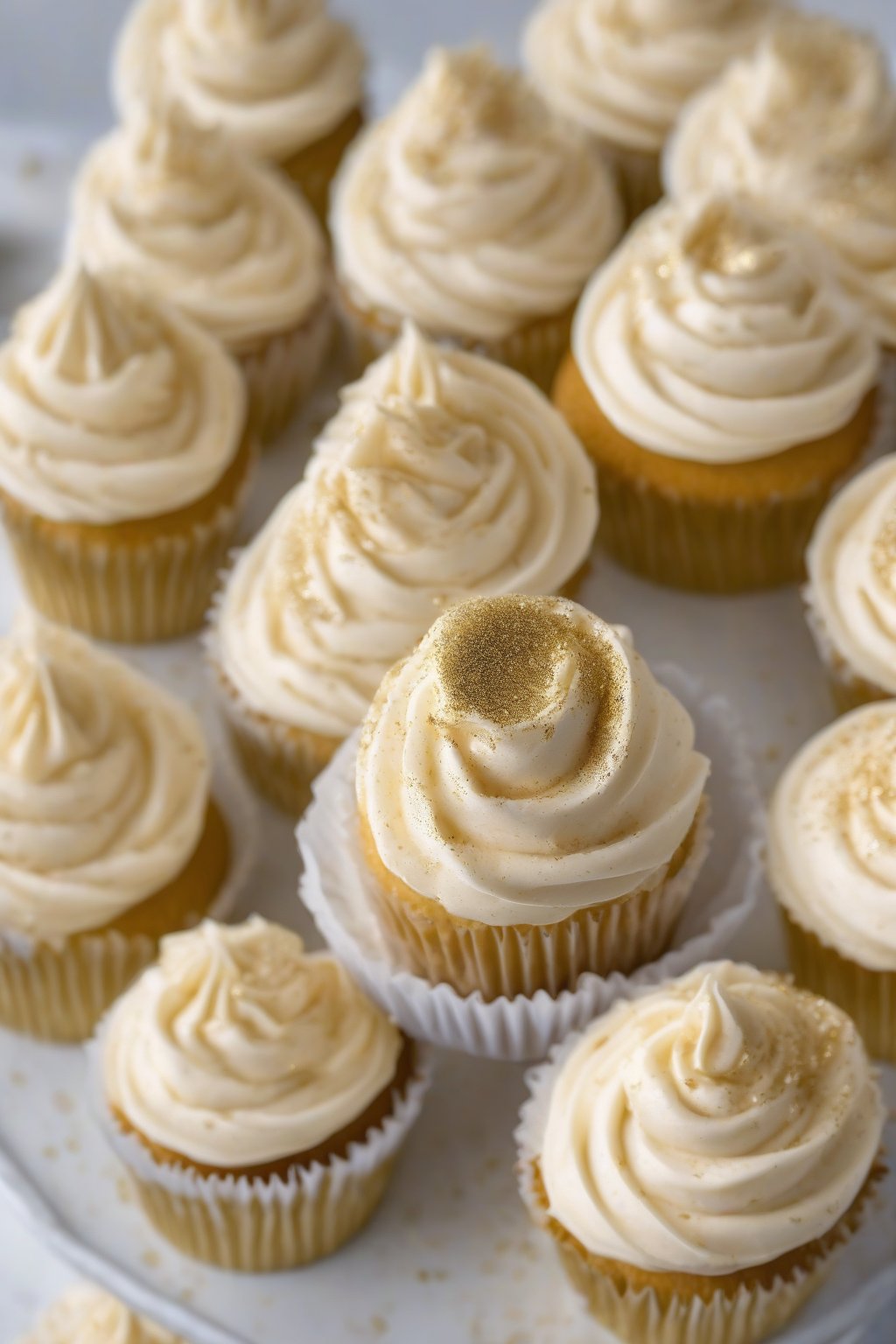 A high-resolution photo of champagne buttercream with gold flecks piped elegantly on cupcakes under soft lighting.