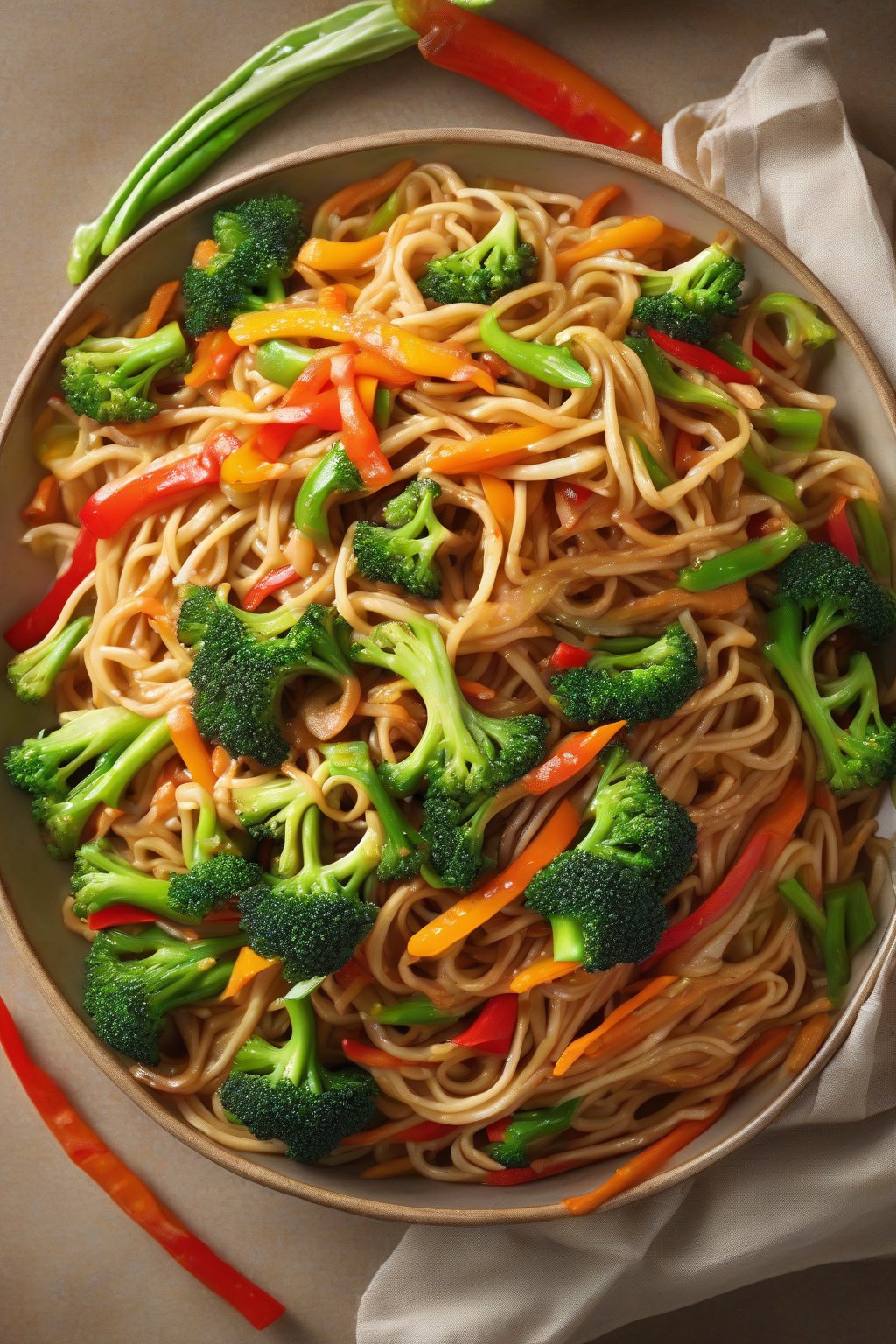 A high-resolution photo of slippery lo mein noodles tossed with vibrant broccoli, bell peppers, and carrots under soft lighting.