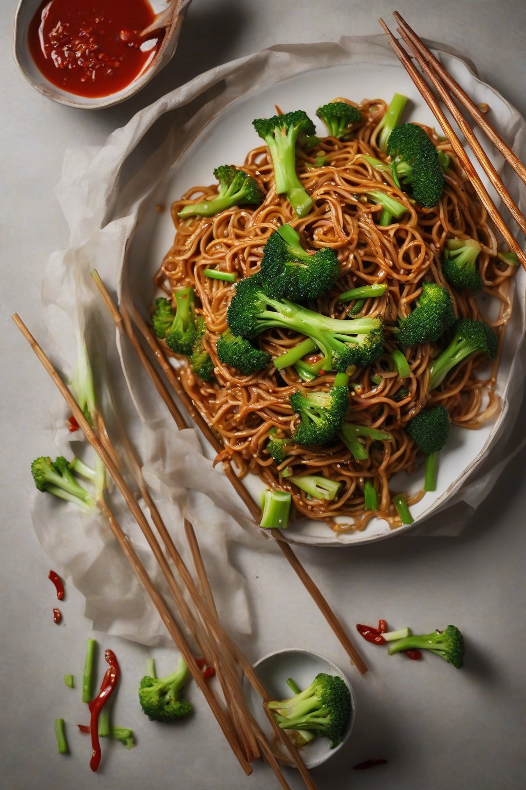 A high-resolution photo of spicy broccoli lo mein with glossy red sauce and green florets under soft lighting.