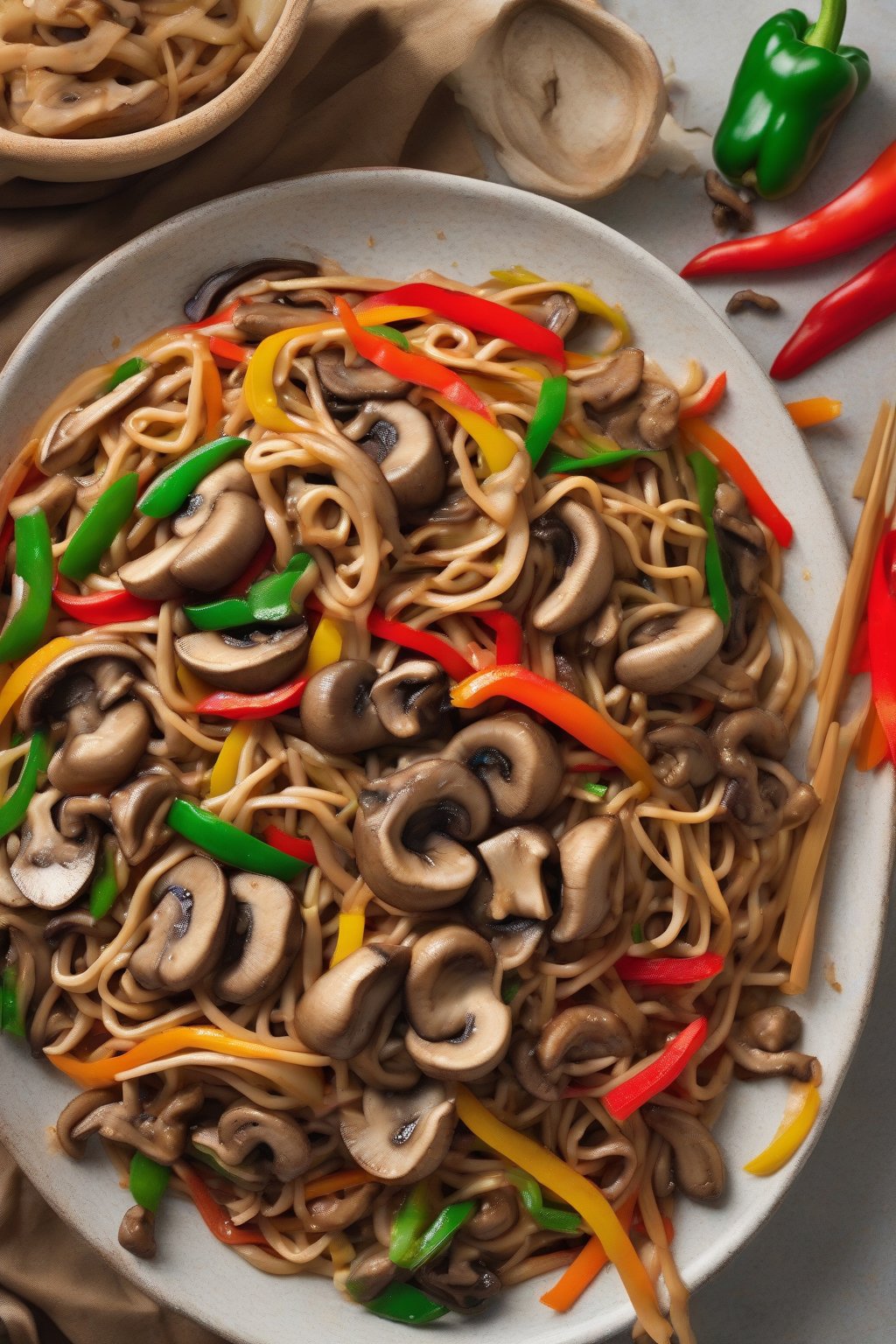 A high-resolution photo of mushroom and bell pepper lo mein with colorful strips and earthy slices under soft lighting.