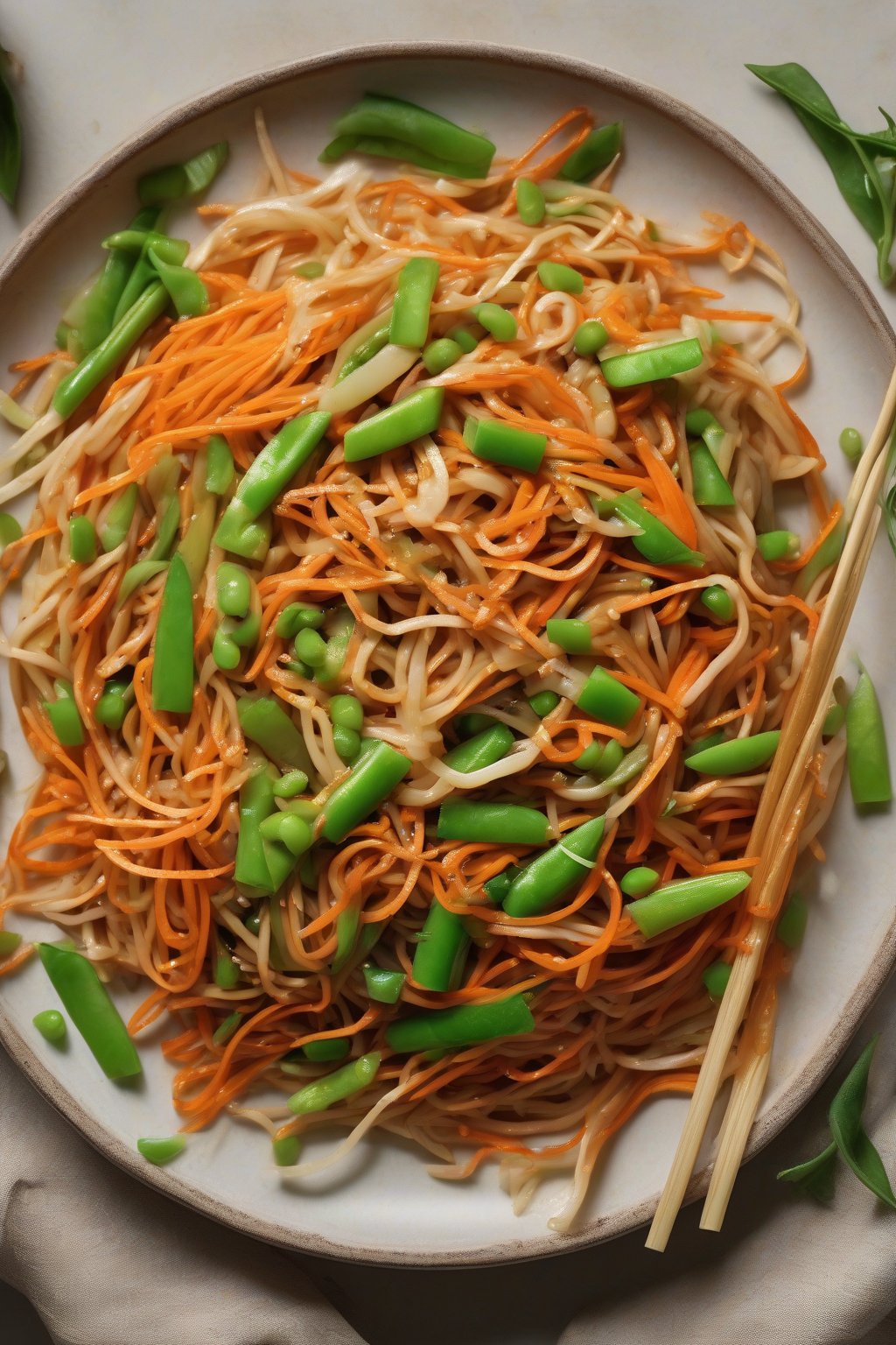 A high-resolution photo of carrot and snap pea lo mein with orange shreds and green pods under soft lighting.