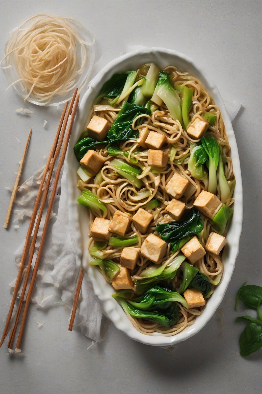 A high-resolution photo of bok choy and tofu lo mein with white cubes and green leaves under soft lighting.